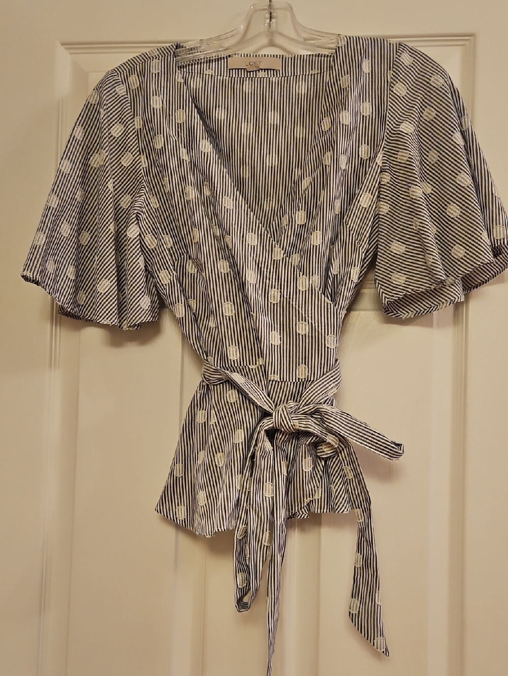 LOFT Navy Stripe & White Dot Wrap Top